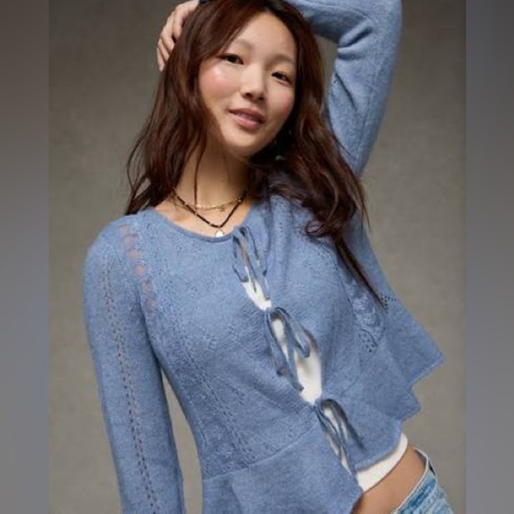 American Eagle Outfitters Light Blue Lace-Up Blouse